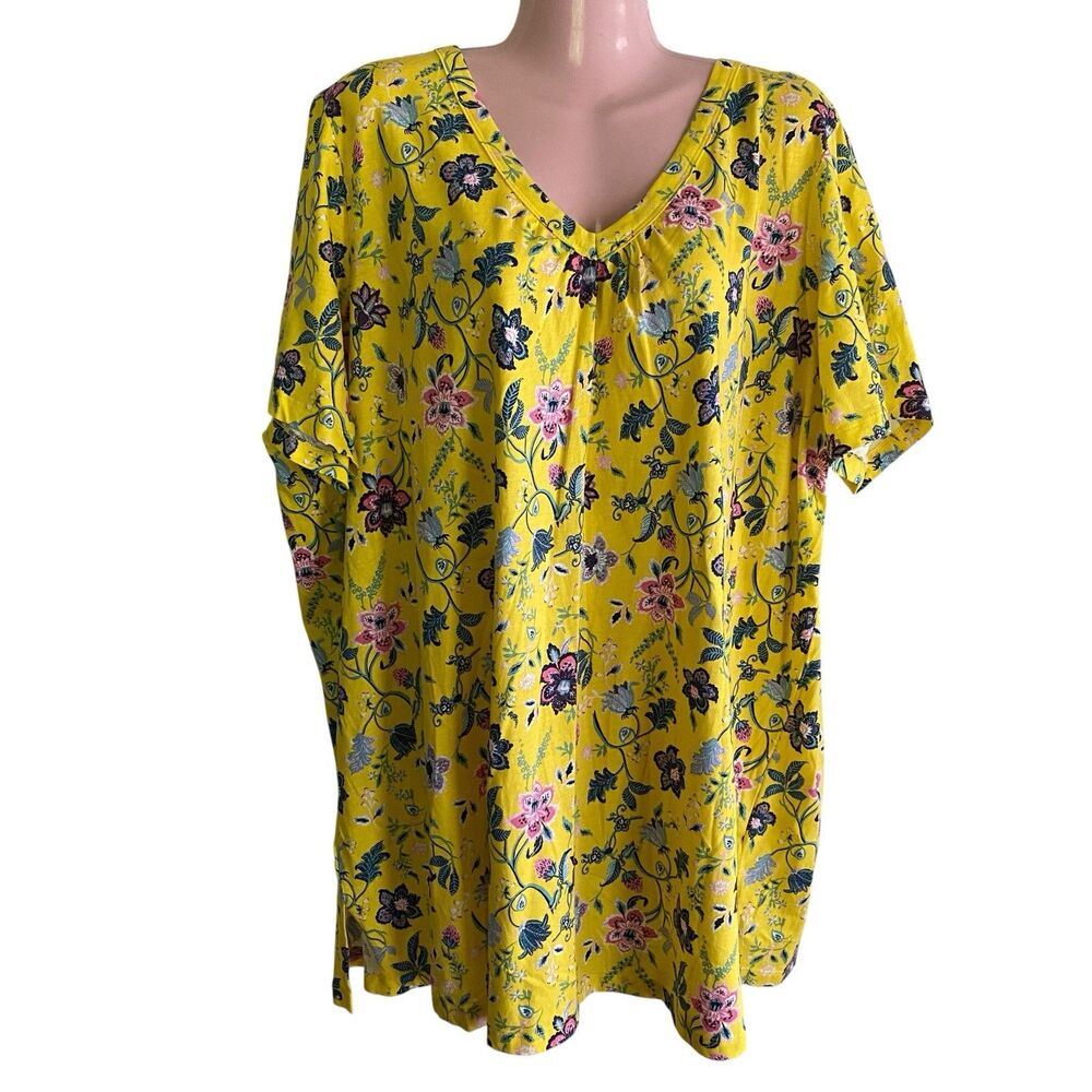 Woman Within Tunic Top Womens 2X Yellow Floral V Neck Cotton Knit Short Sleeve
